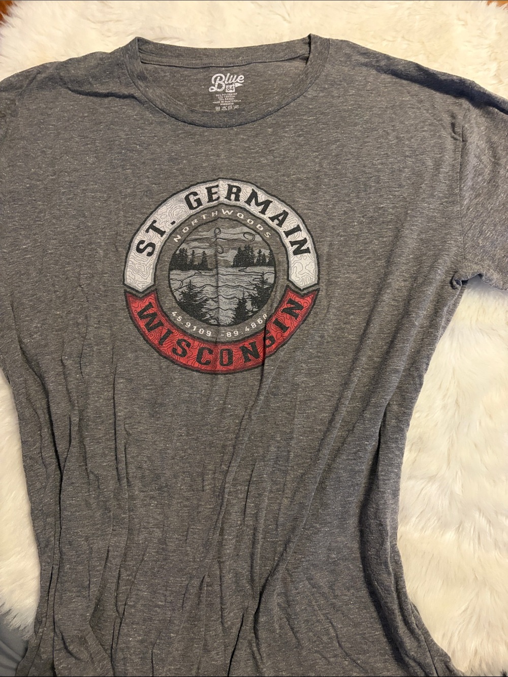 Blue 84 Gray St. Germain Wisconsin Logo Tee with Red Banner